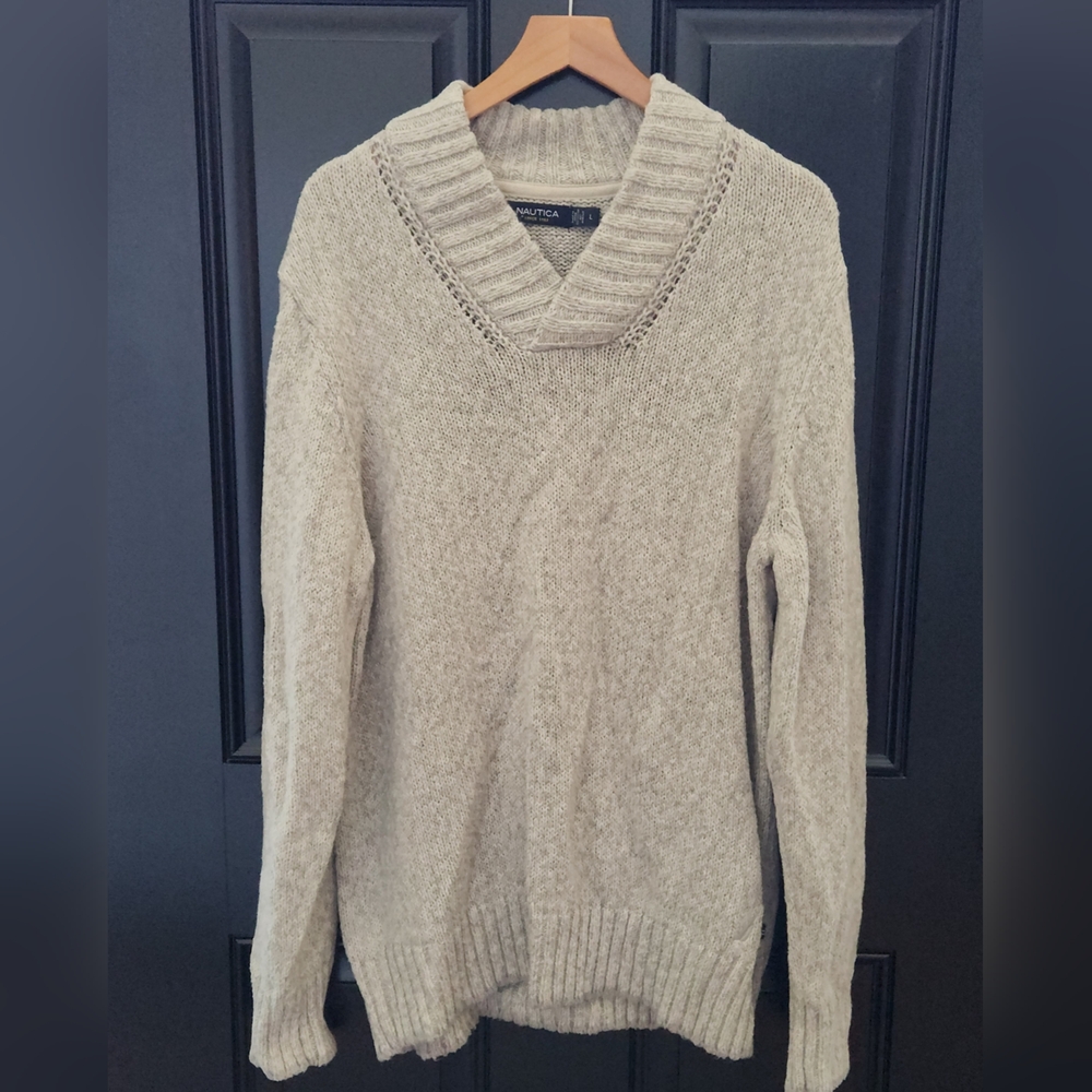 Nautica Mens Classic Cozy Gray Knit Shawl Collar Sweater Size Large